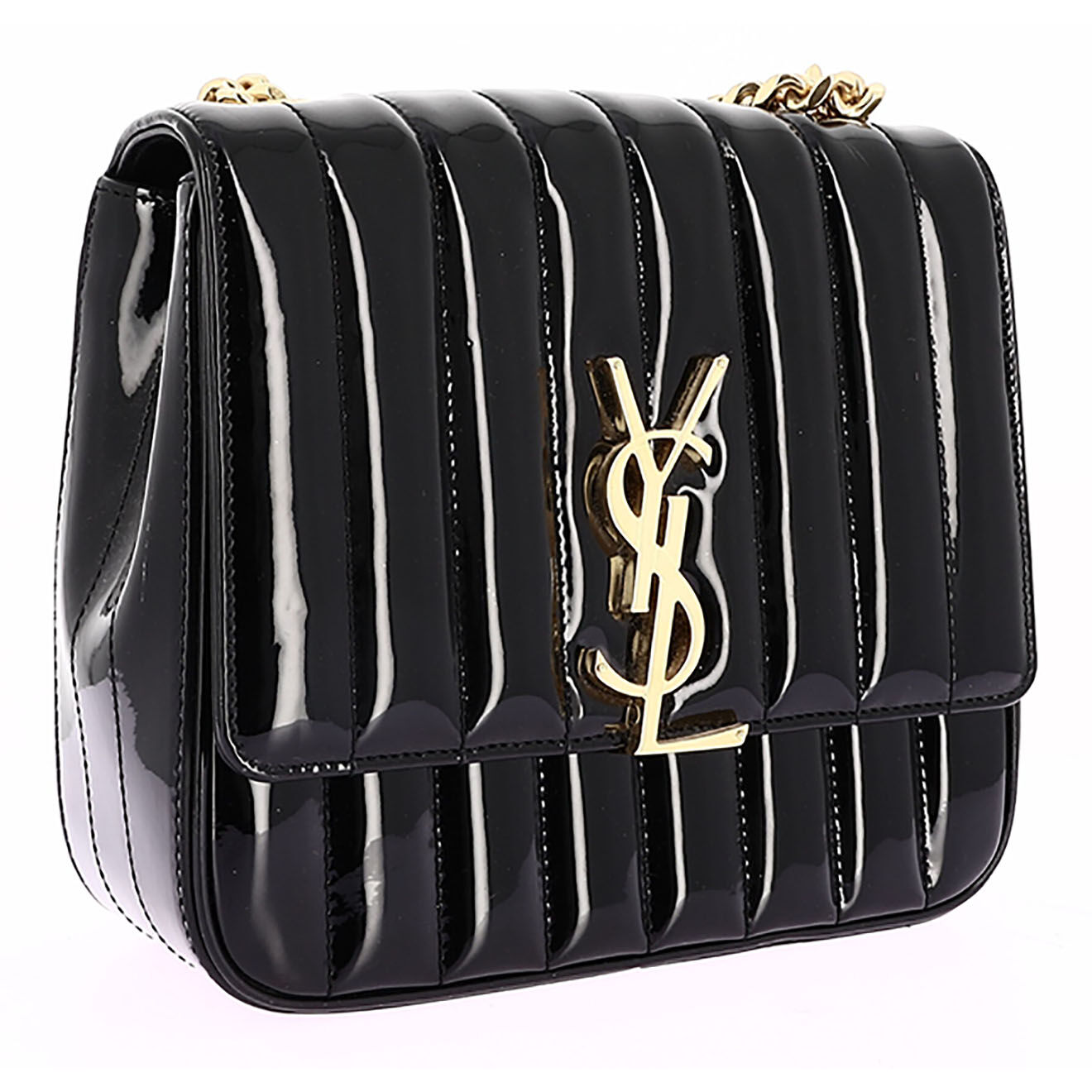 Saint Laurent Sac bandoulière Vicky en Cuir verni noir - Très bon état - L.20 cm