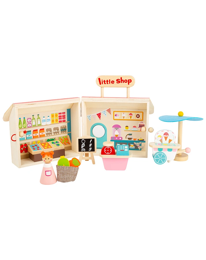 Puppen-Einkaufsladen LITTLE SHOP im Koffer 15-teilig aus Holz