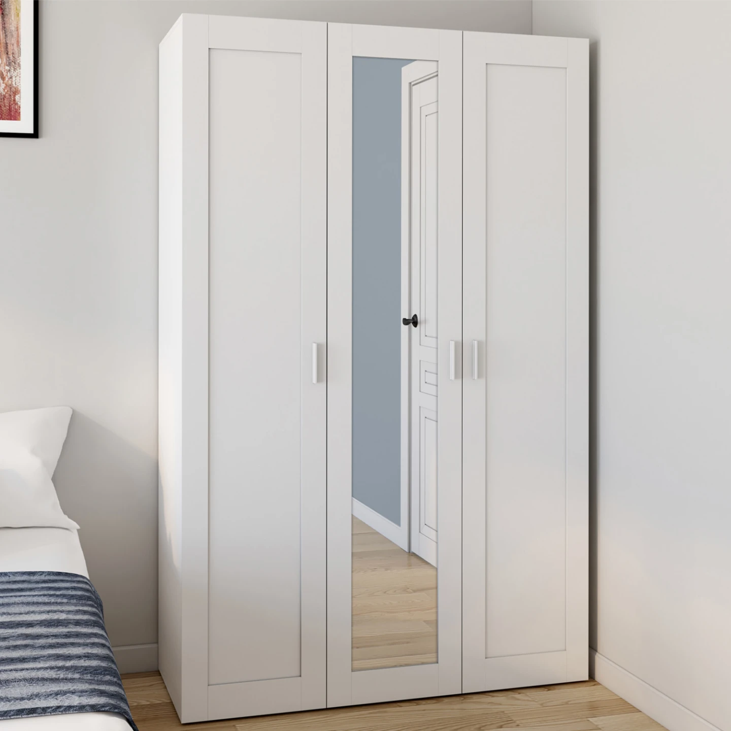 Armoire 3 portes VITO blanc penderie 120 cm avec miroir et étagères