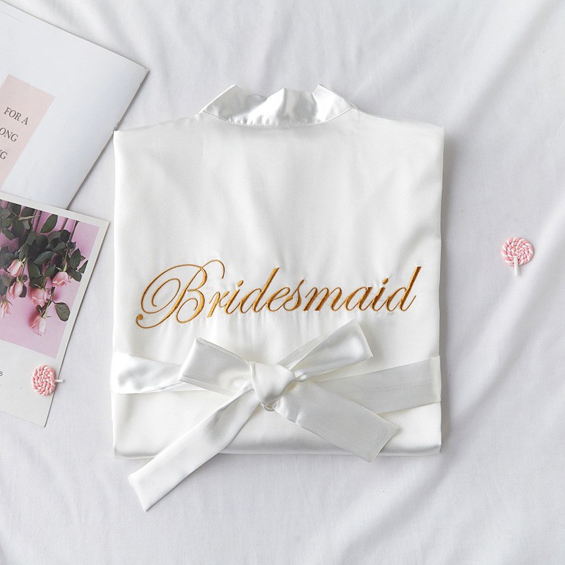 (160-170cm) Satin Morgenmantel Party Accessoire Bridesmaid Seiden Robe Junggesellinnenabschied - Weiss / Gold