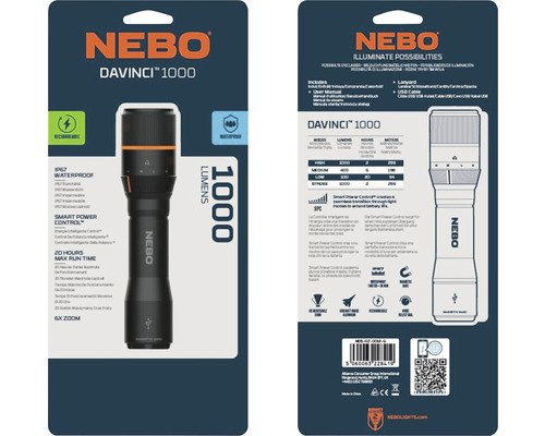 NEBO Davincici LED zaklamp, aluminium, 1000 lm, oplaadbaar