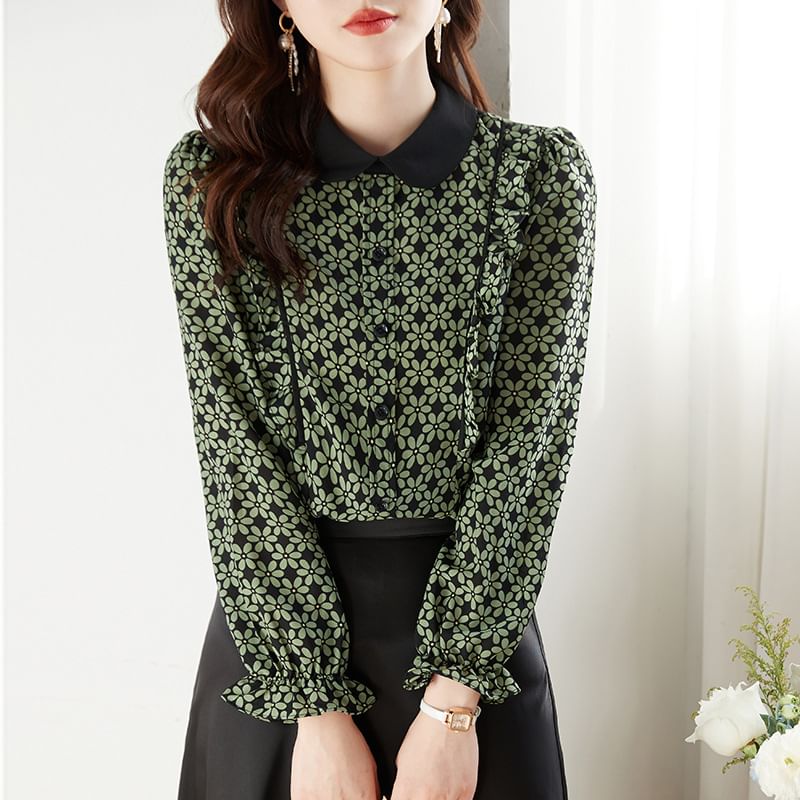 Kwuartz - Blouse met lange mouwen, contrastkraag, bloemenprint, ruches en knoopjes