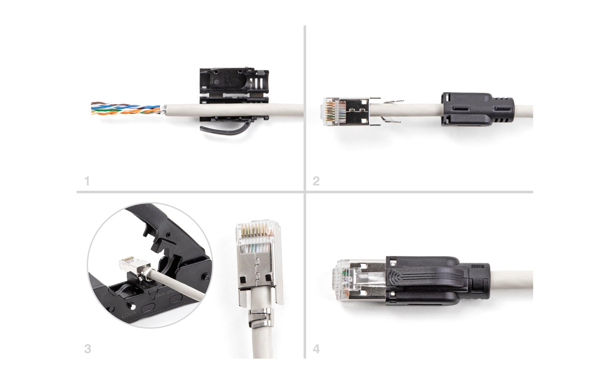 Stecker RJ45, S/FTP, Cat.6A 25 Stück, SchwarzDelock RJ45 Modularer Stecker mit Zugentlastung Cat.6A und robuster Knickschutztülle 25er Set
