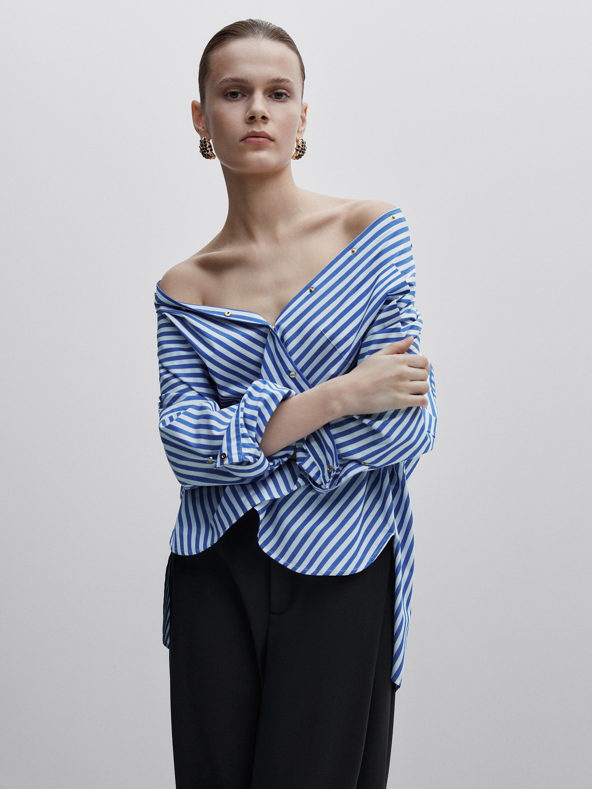 Camisa listrada de popeline com botões de pressão - Studio - AZUL
