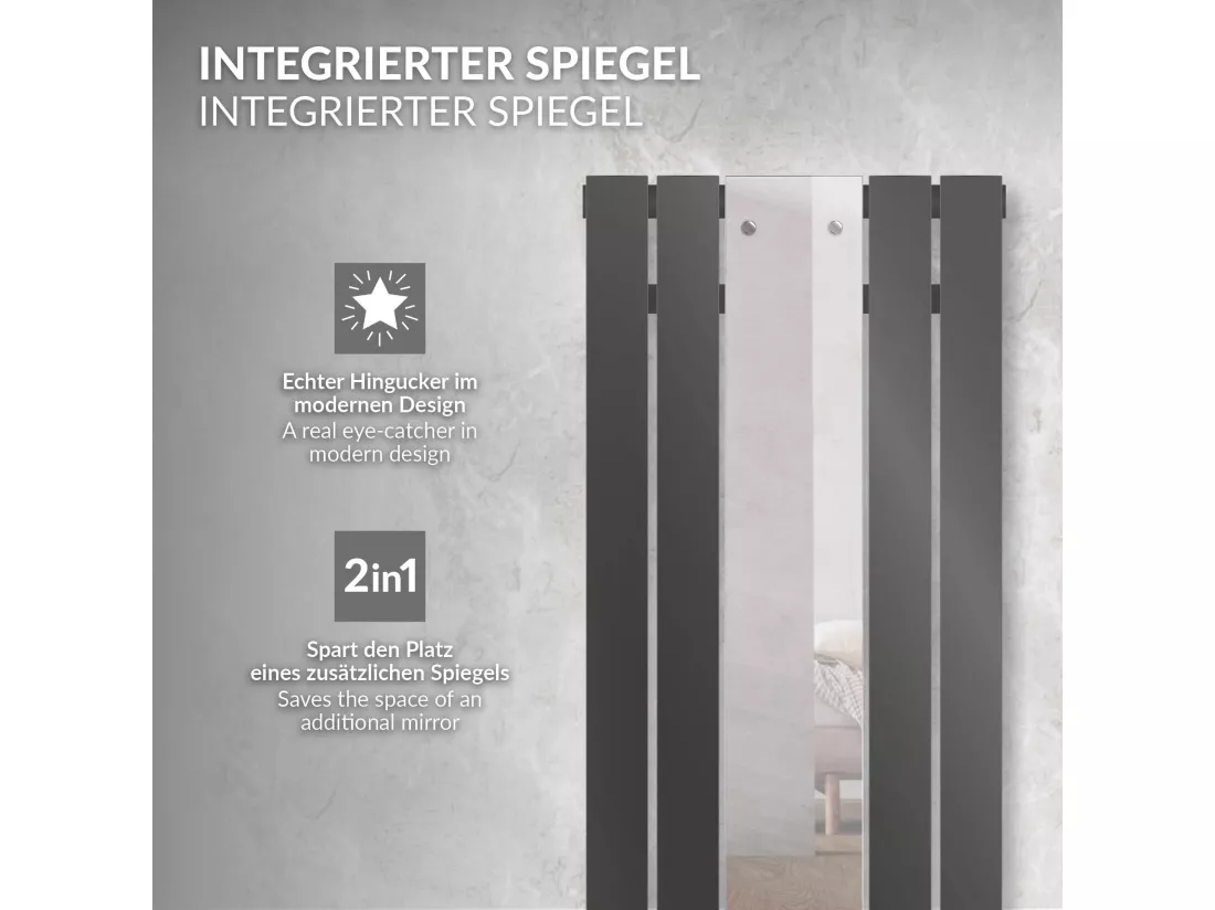 Radiateur plat anthracite 450x1600 mm avec miroir et kit raccordement au sol