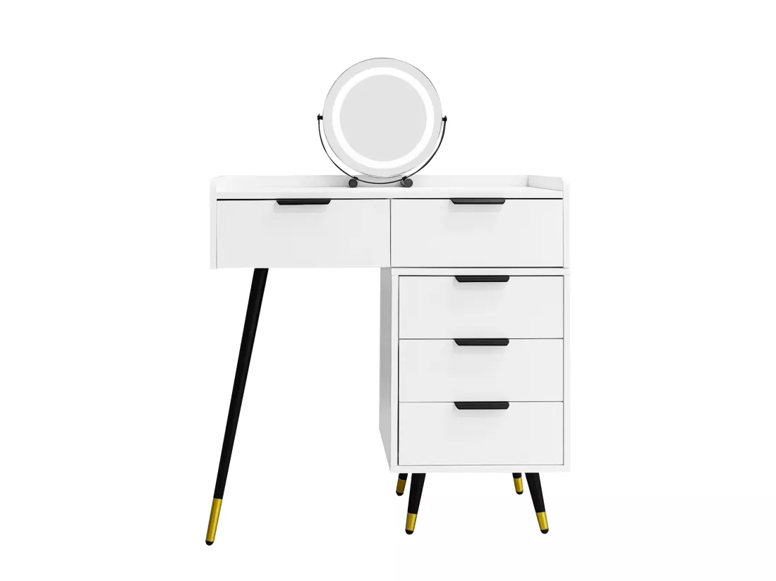 Coiffeuse - 5 tiroirs & miroir à LED réglable - MDF - Blanc (tabouret non inclus)