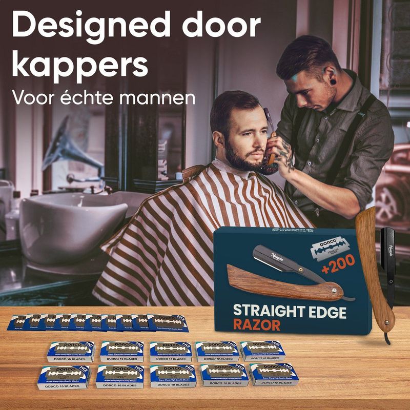 Barbiersmes - Klassiek Open Scheermes - Shavette - Inclusief 200 Scheermesjes - Premium Houten Handvat