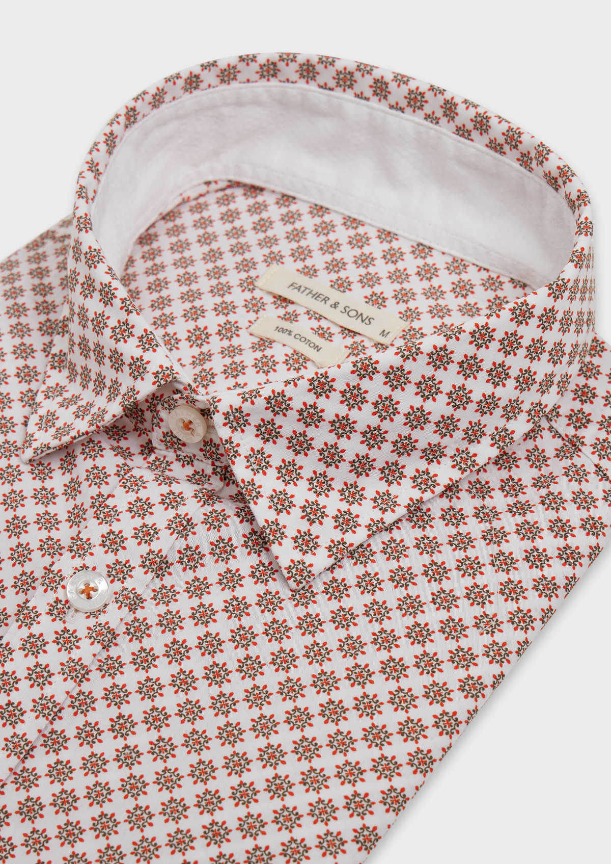 Chemise sport Slim en popeline de coton blanc à motif fantaisie kaki et rouge