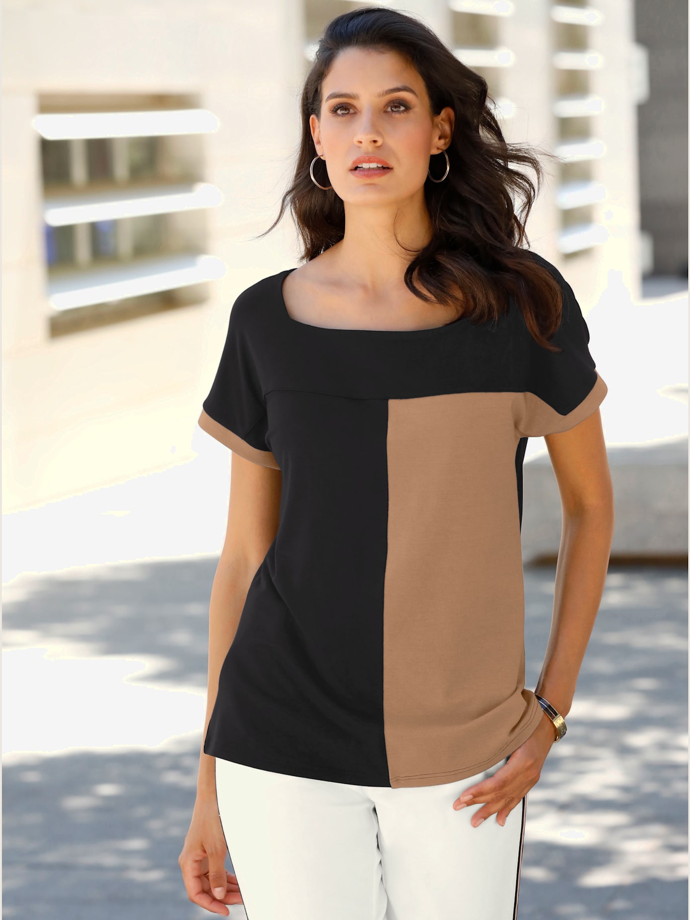 T-shirt femme col carré bicolore
