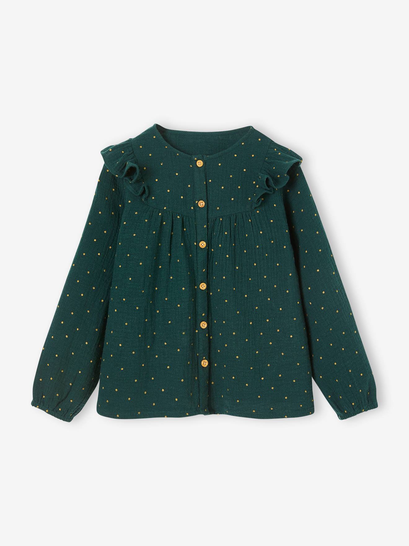 Blusa de chiffon de algodão com babados, para menina de pele cor de barro.
