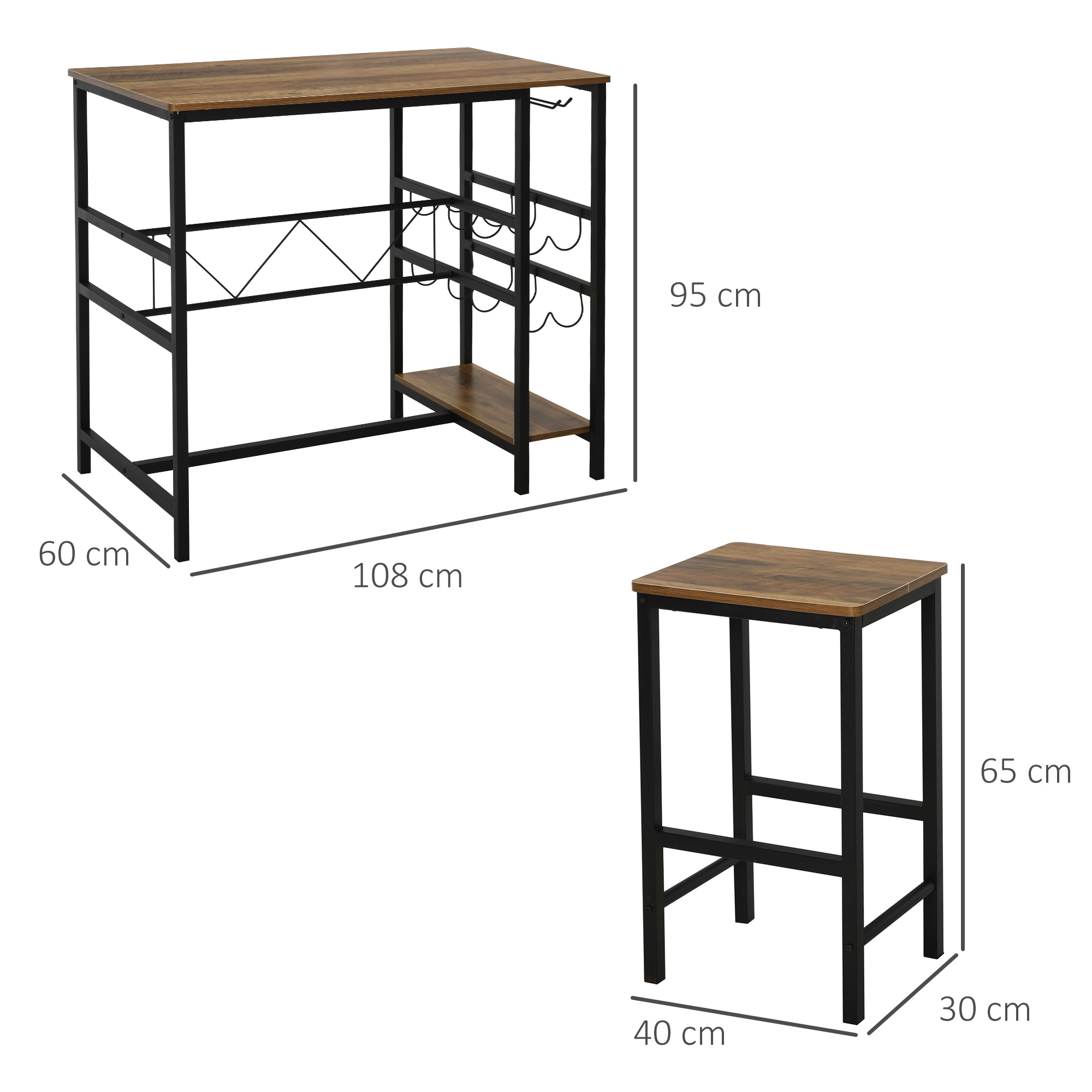 HOMCOM Bartisch-Set mit 2 Barhockern natur, schwarz