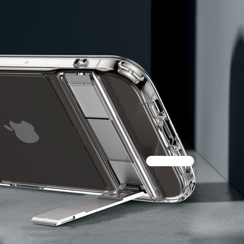 iPhone 15 Boost Series Hybrid Hülle TPU Bumper mit Acryl Rückseite   Aluminium Kickstand - Transparent