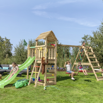 Speeltoestel Jungle Gym Safari grenen geïmpregneerd met glijbaan groen en 2-klimrek module