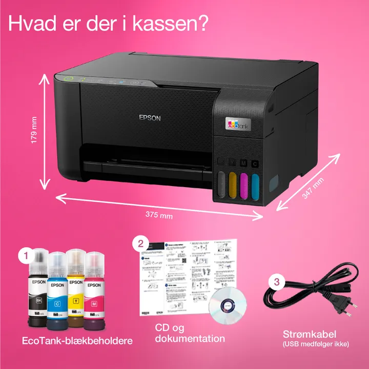 Epson EcoTank ET-2810 - Multifunktionsprinter - farve - blækprinter - ITS - A4 (medie) - op til 10 spm (udskriver) - 100 ark - USB, Wi-Fi - sort