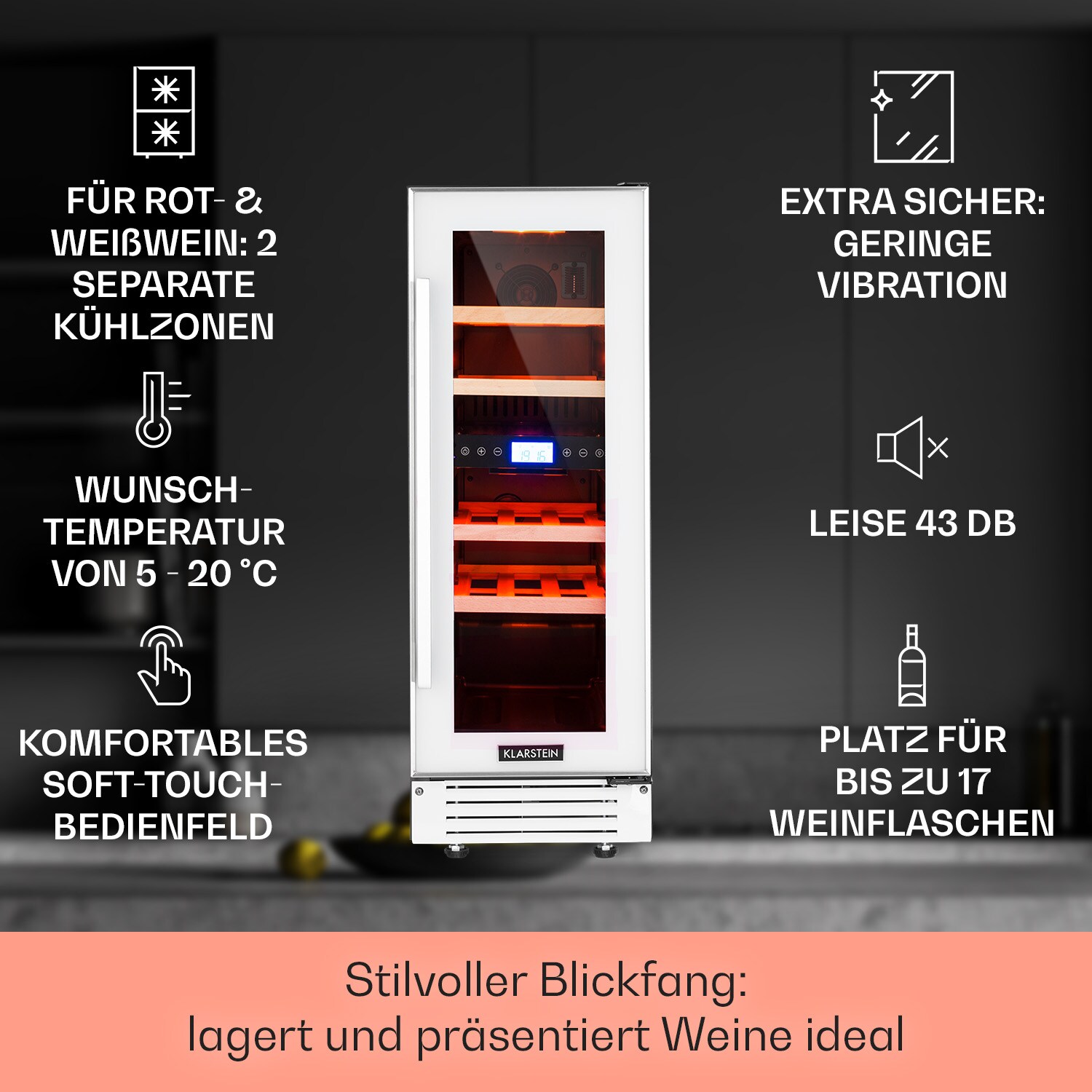 Vinovilla 17 Built-In Duo Zweizonen-Weinkühlschrank 53l 17 Fl. 3-Farben Glastür