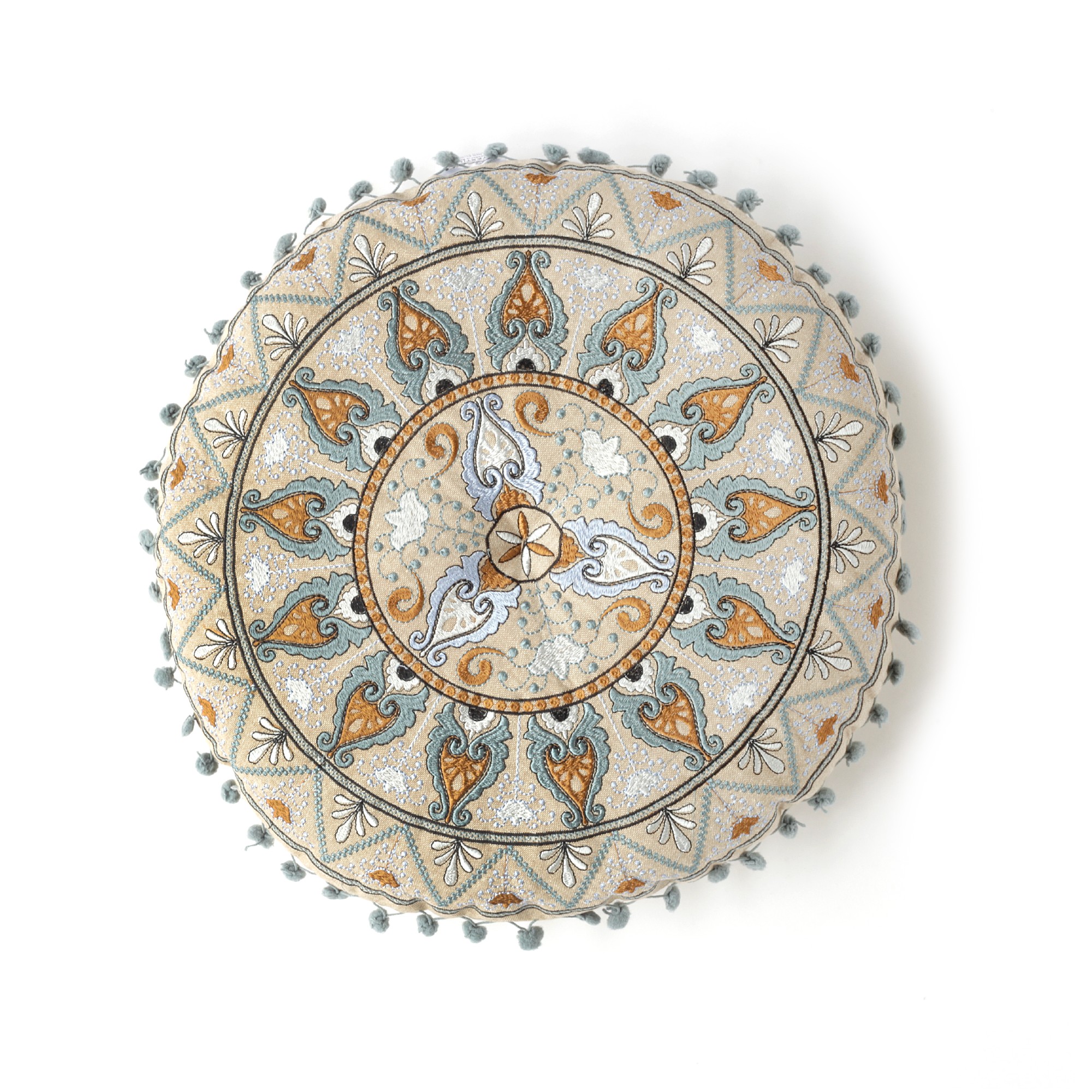 Sitzkissen 'Godala' mit Pompons, beige, multicolor, Ø 40 cm, H 5 cm von fischer's lagerhaus