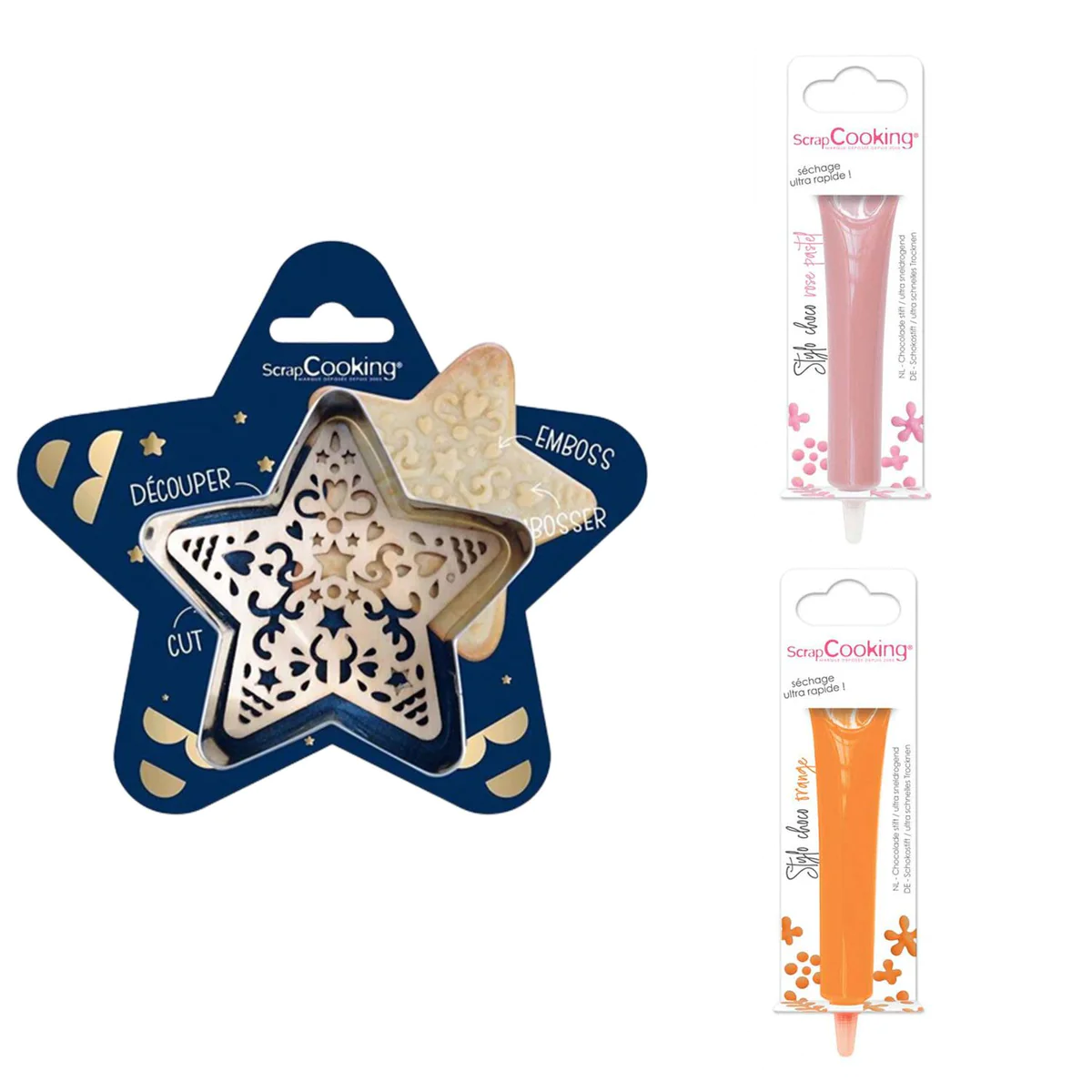 Kit pour biscuit en relief Étoile + 2 Stylos au chocolat rose pastel e