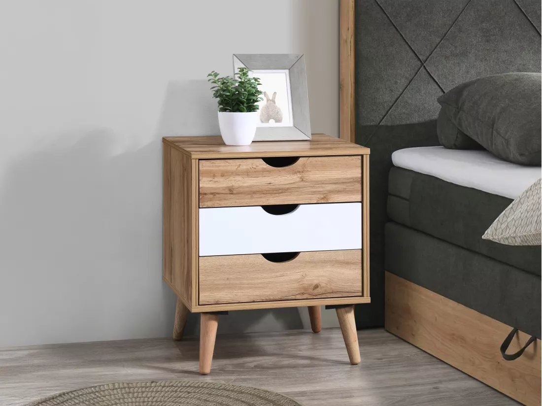 Table de chevet avec 3 tiroirs - Coloris : Naturel et blanc - LURVIA