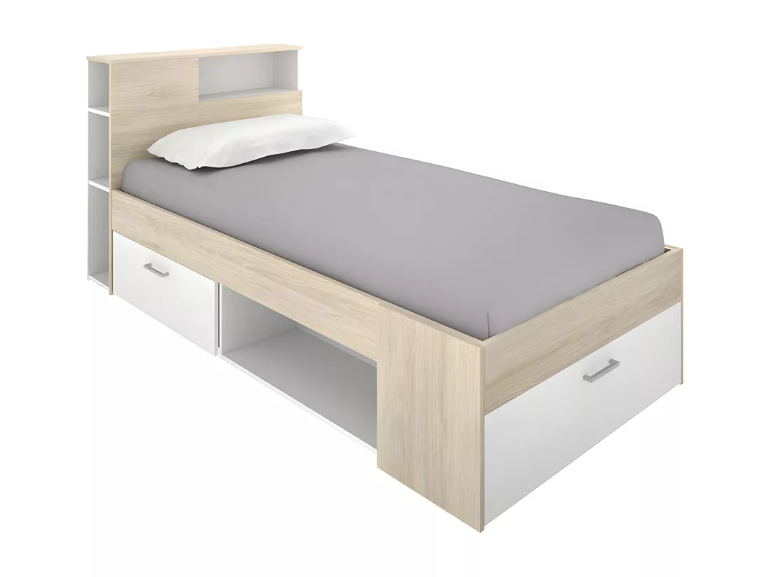 Lit avec tête de lit rangements et tiroir - 90 x 190 cm - Blanc et Naturel - LEANDRE