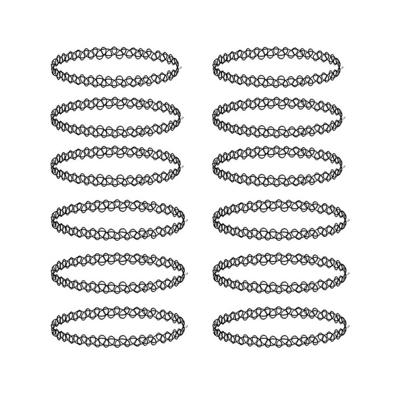 (12er Set) Elastische Halskette Henna Choker Accessoire - Schwarz
