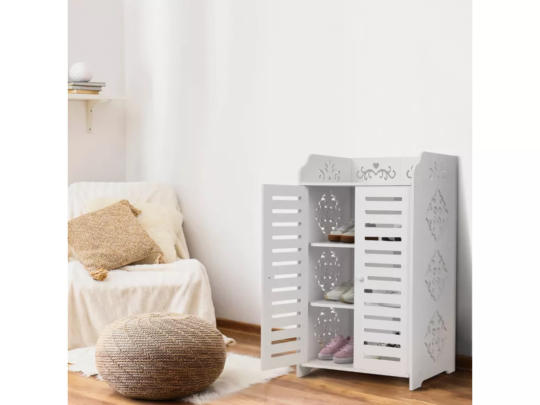 Meuble à Chaussures 4 Étagères,Armoire à chaussures d'entrée 2 portes,Conception de motif découpé,40x31x71cm,Blanc