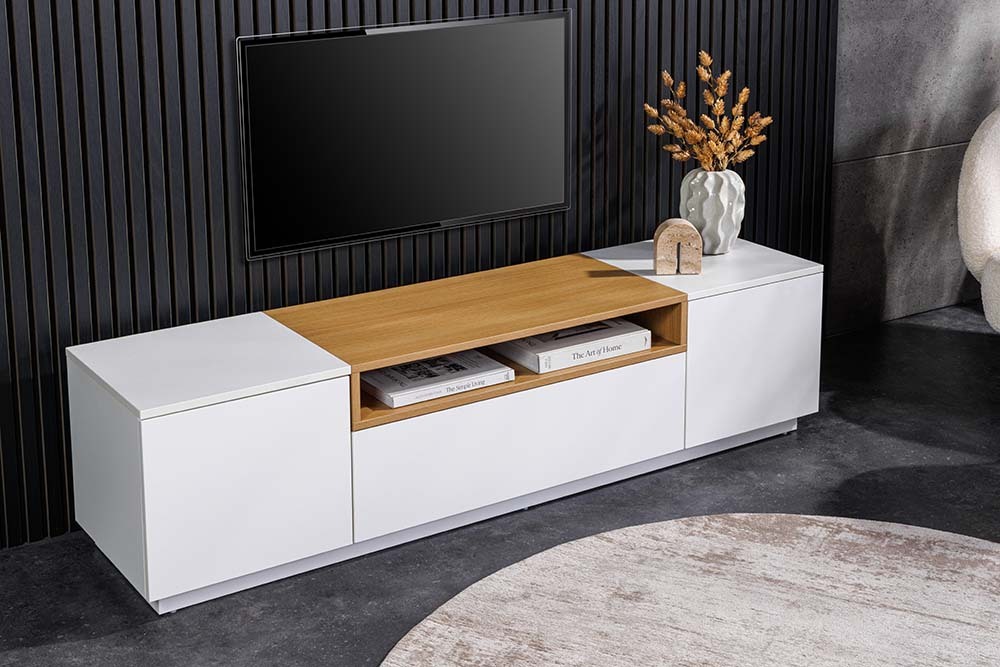 Modernes TV-Board LOFT 160cm weiß natur drei Fächer mit Schublade