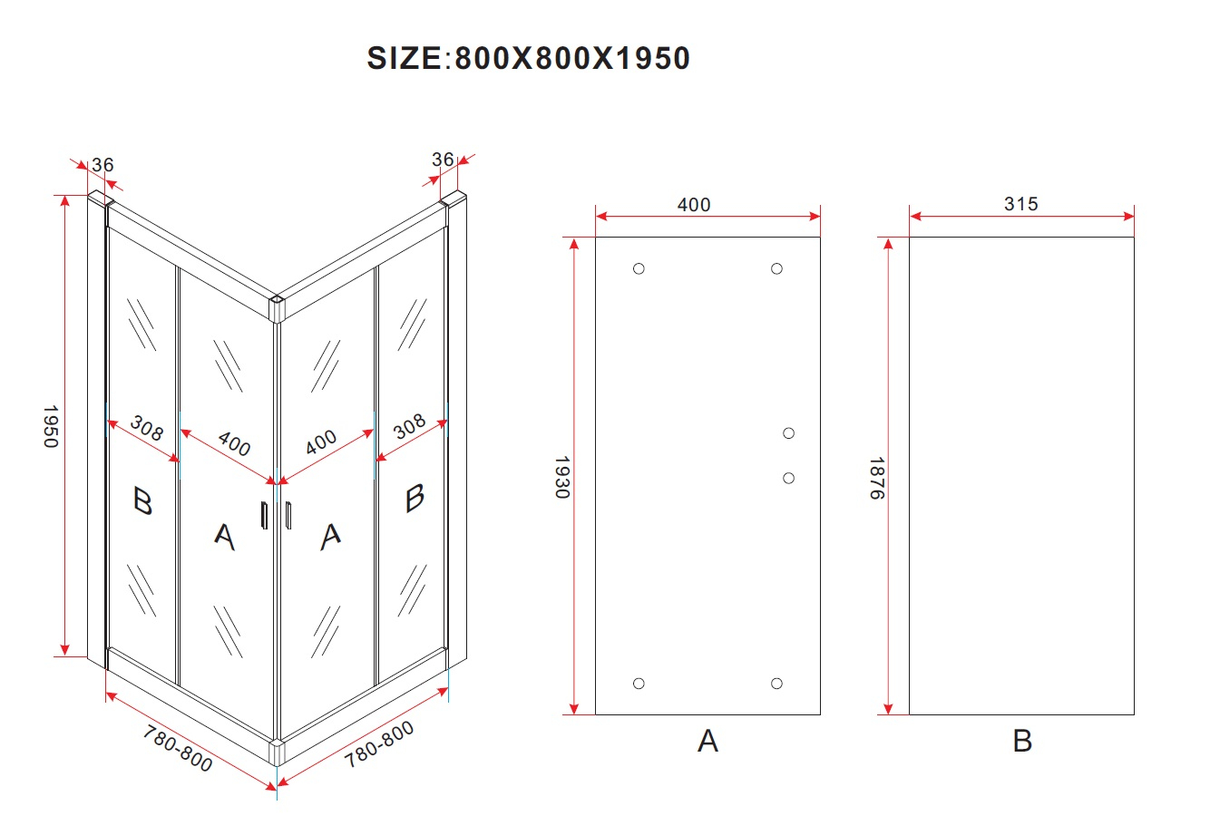 SaniGoods Atlas hoekinstap douchecabine mat zwart 80x80cm