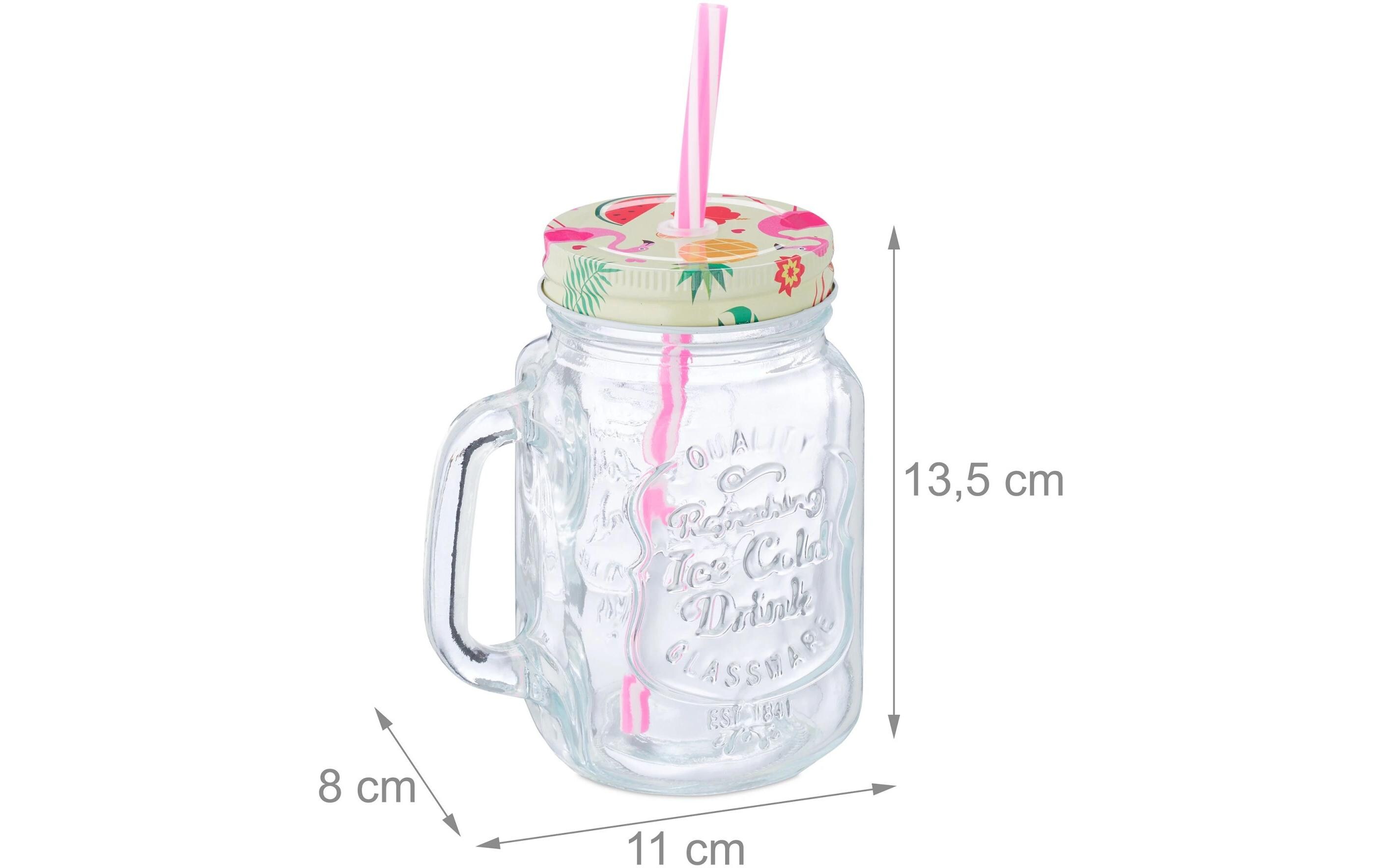 Trinkkrug Flamingo 500 ml, 12 StückHenkelgläser mit Deckel und Strohhalm