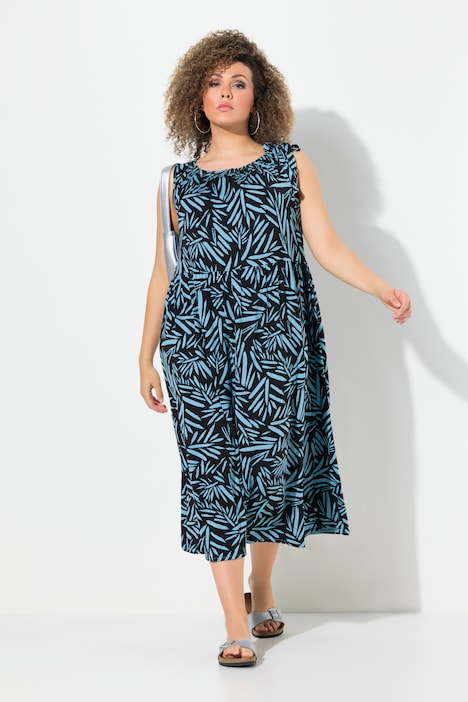 Jerseykleid, geraffter Ausschnitt, Rundhals, ärmellos