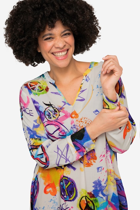 Kleid, Straight Fit, Peace-Motive, Tunika-Ausschnitt, Langarm