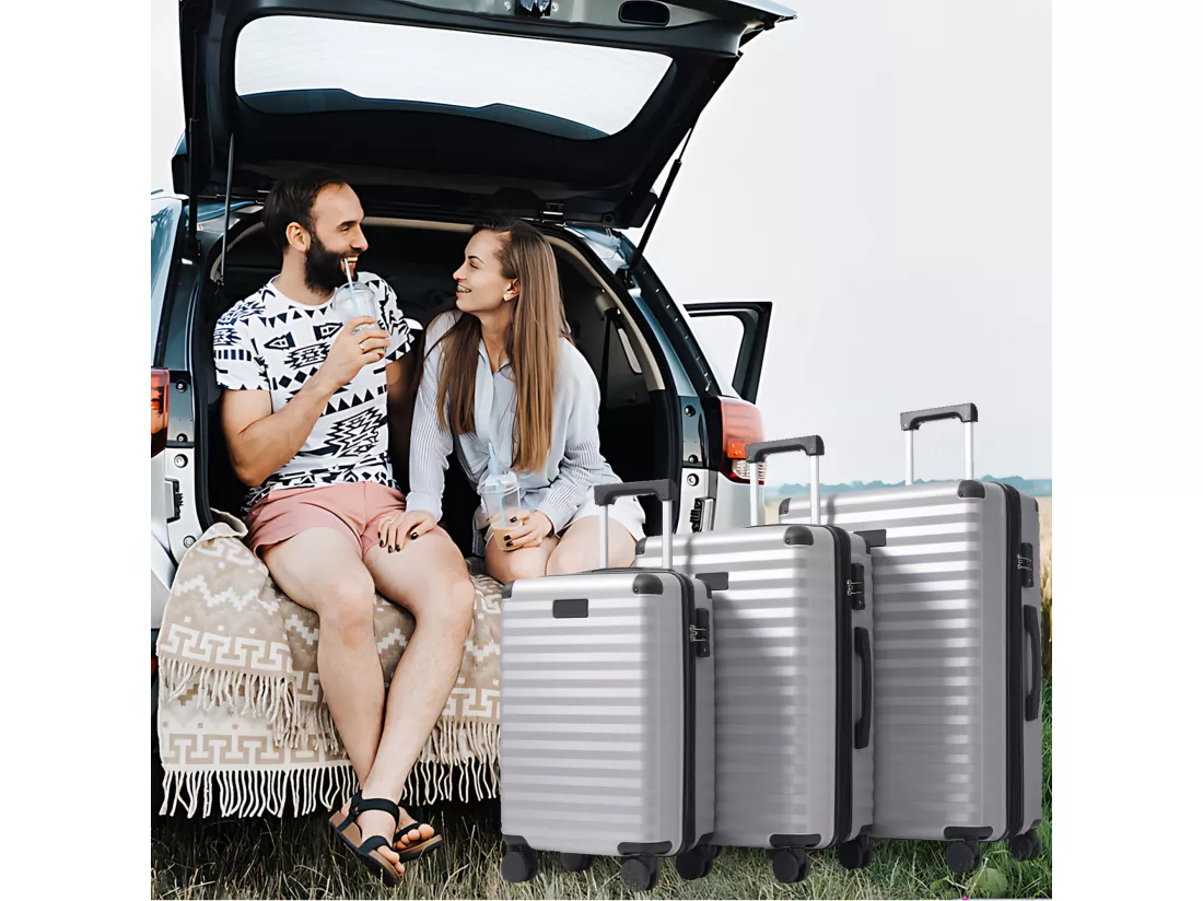 Ensemble de Bagage à main 3 pièces M&L&XL - en matériau ABS - valises à coque rigide - gris