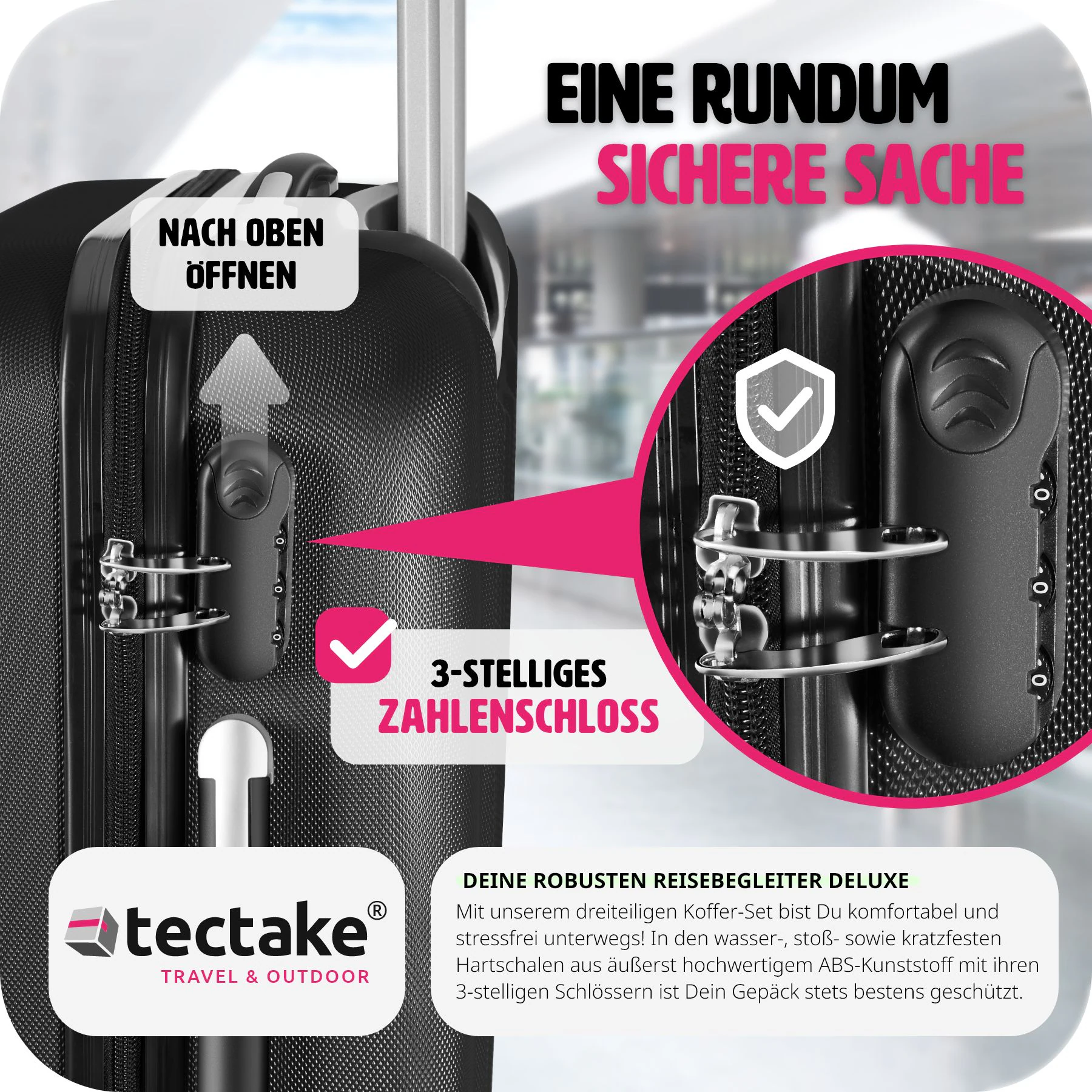 tectake® Hartschalenkoffer-Set, 3-teilig, aus robustem ABS-Kunststoff, 360° drehbare, abnehmbare Rollen, mit Sicherheits-Zahlenschloss
