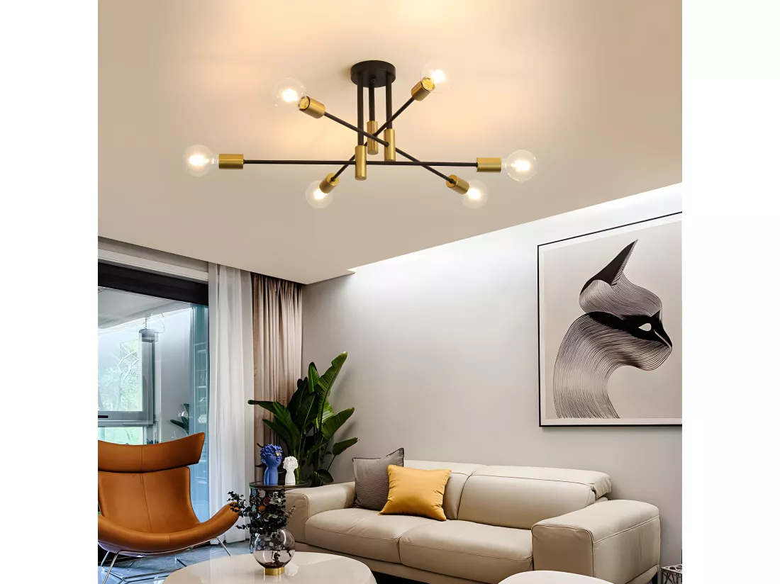 Plafonnier rétro industriel, noir, 72*72*32, 6 lumières, pour salon chambre, sans ampoule