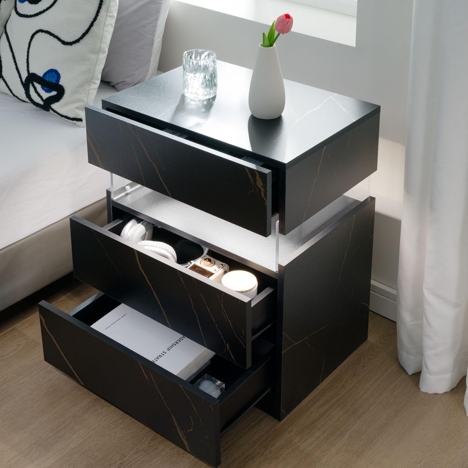 2 Stück Nachttisch mit LED Nachtschrank Modernes mit 3 Schublade Nachttische Beistelltisch für Schlafzimmer, Wohnzimmer, Büro,Schwarz+Gold