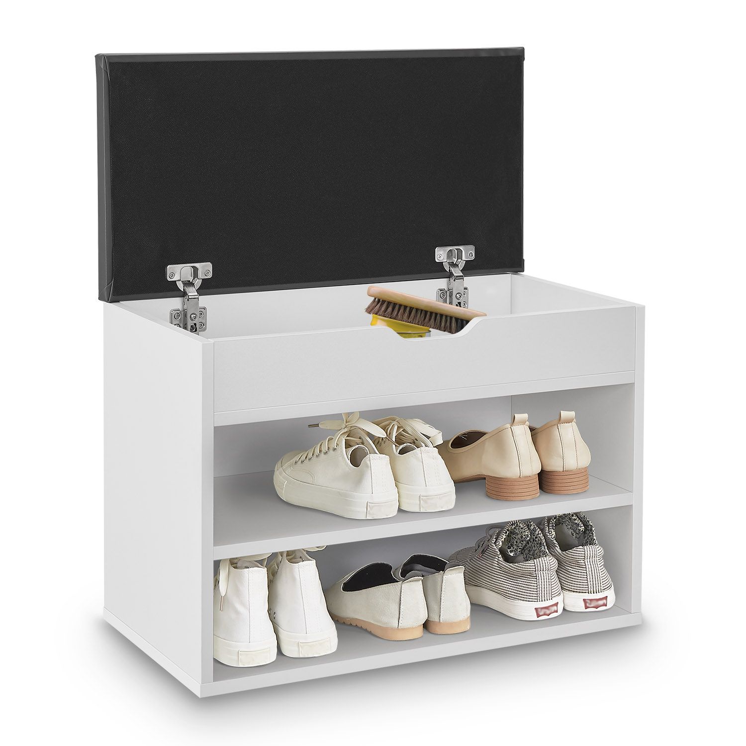 Juskys Schuhregal mit Klappdeckel und gepolstertem Sitz 60x30x44 cm – Holz Regal in Weiß