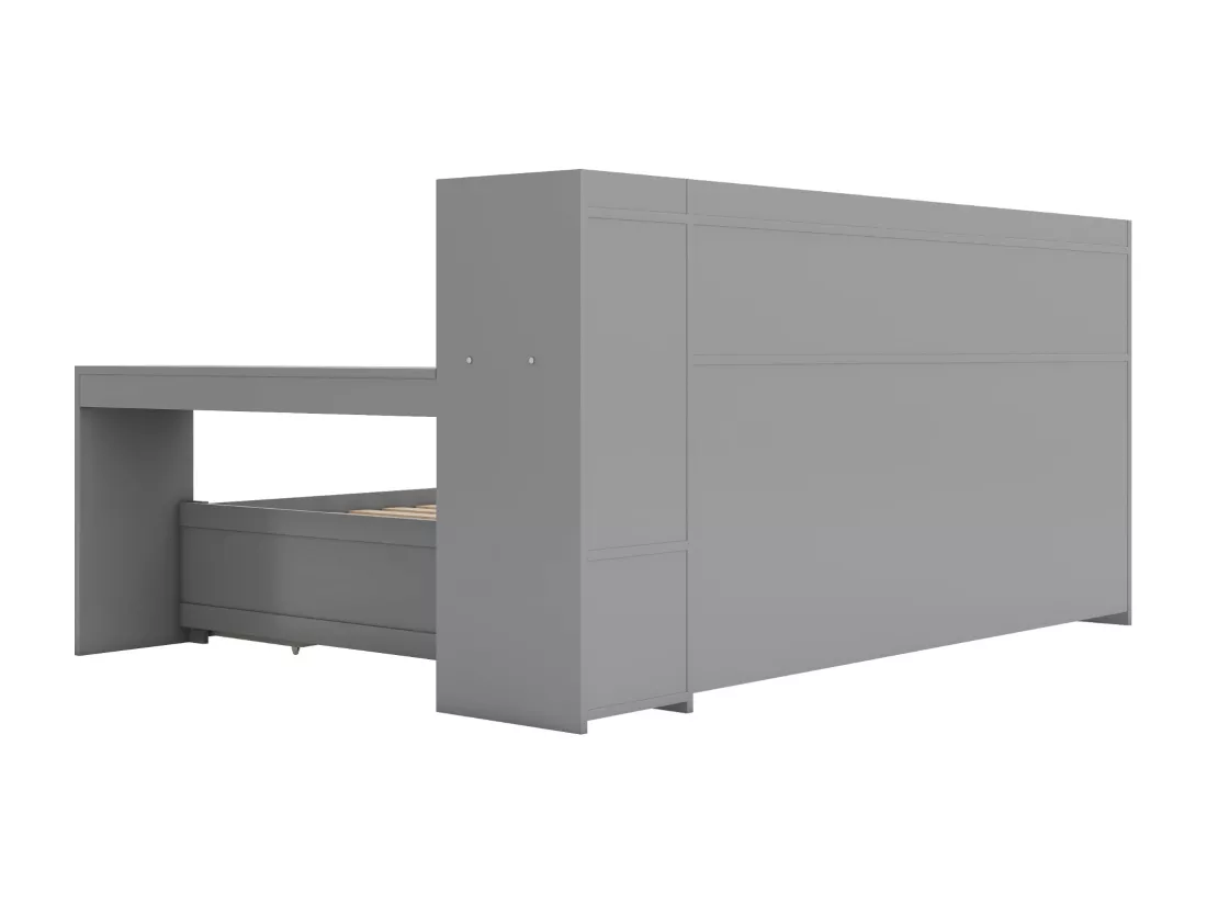 Lit banquette 90x200cm - bureau avec prise USB - 2 tiroirs & étagères - Gris (matelas non inclus)