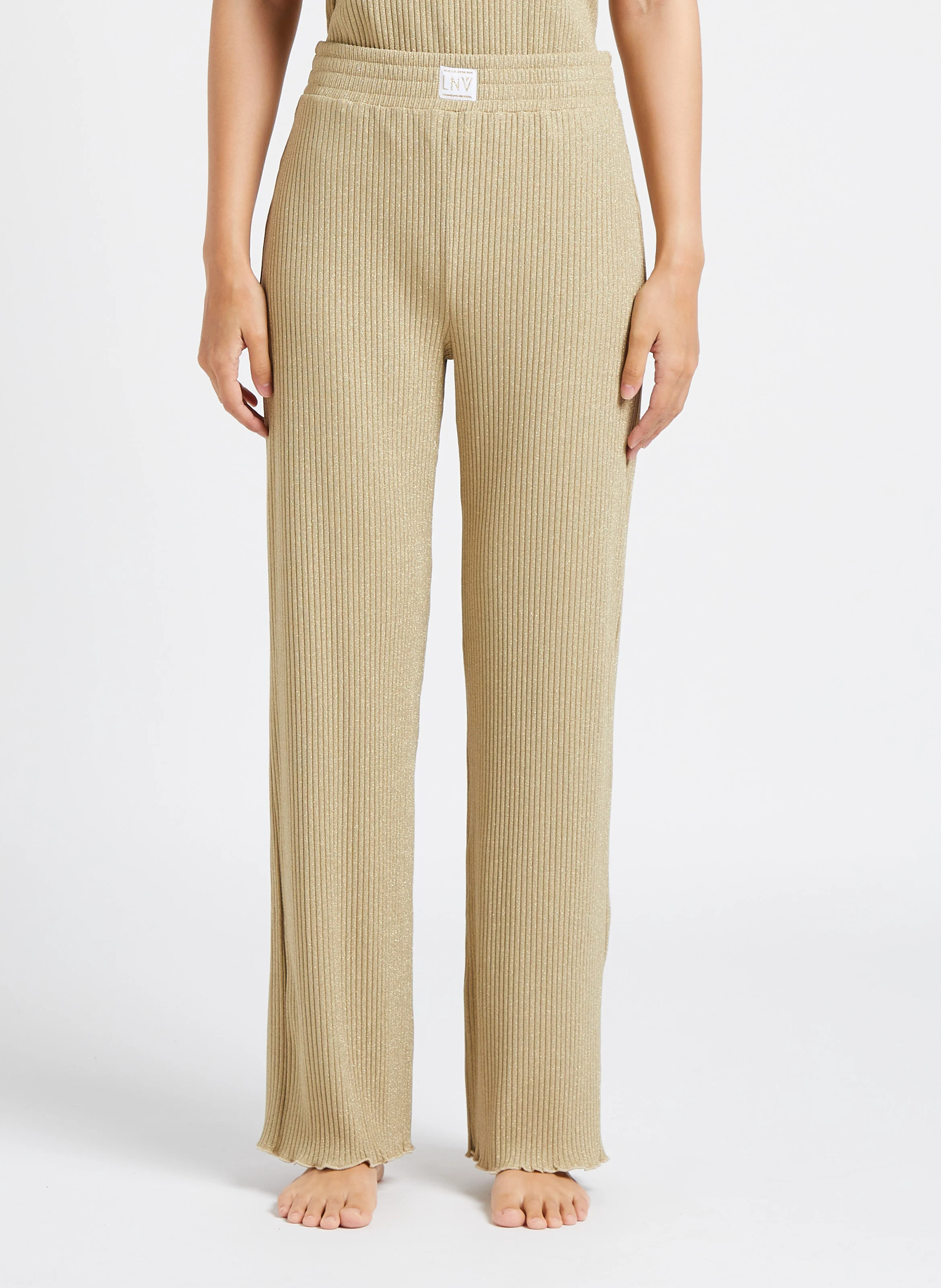 NATI - Pantalon taille haute côtelé | Beige