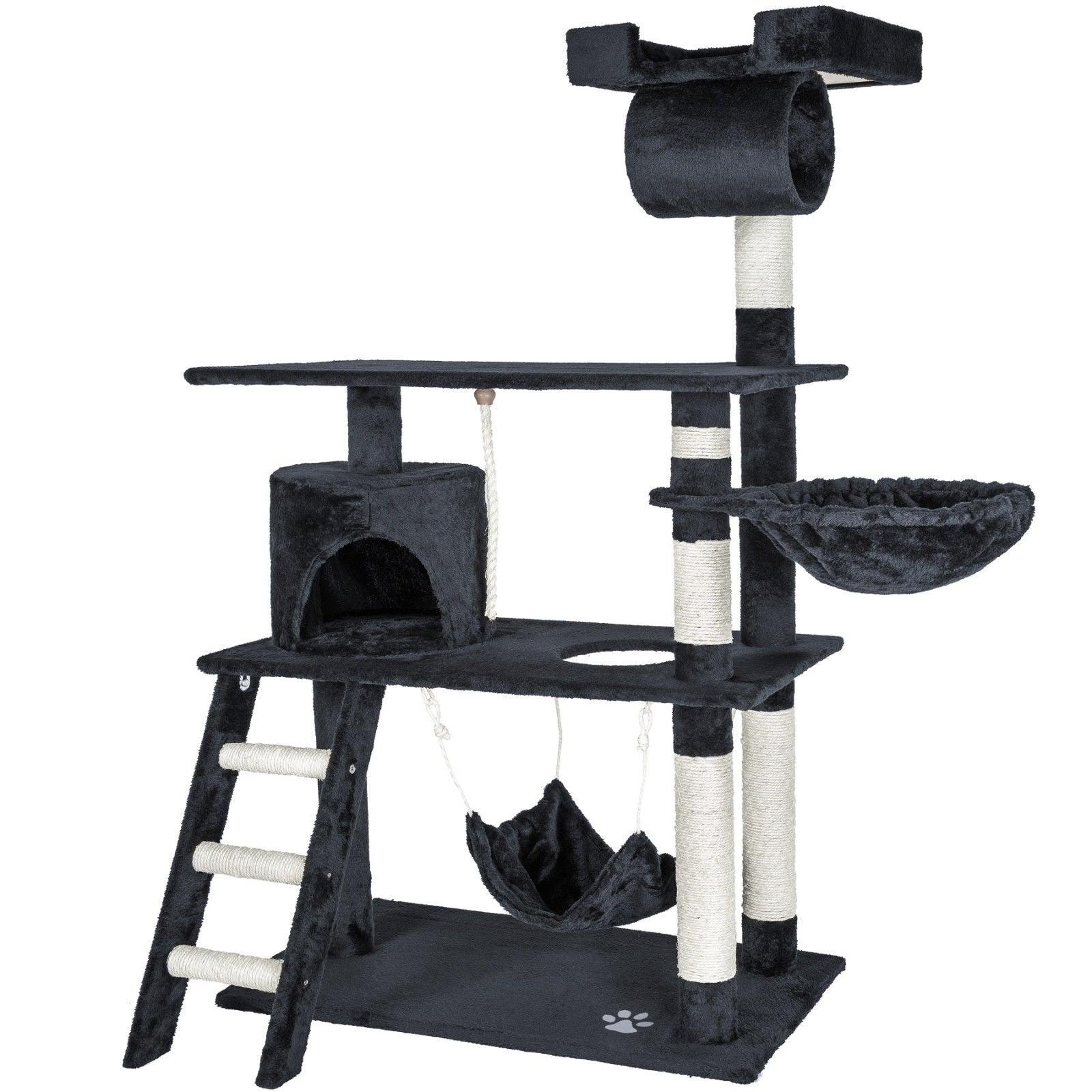 Arbre à chat griffoir grattoir niche jouet animaux peluché gris foncé 141 cm