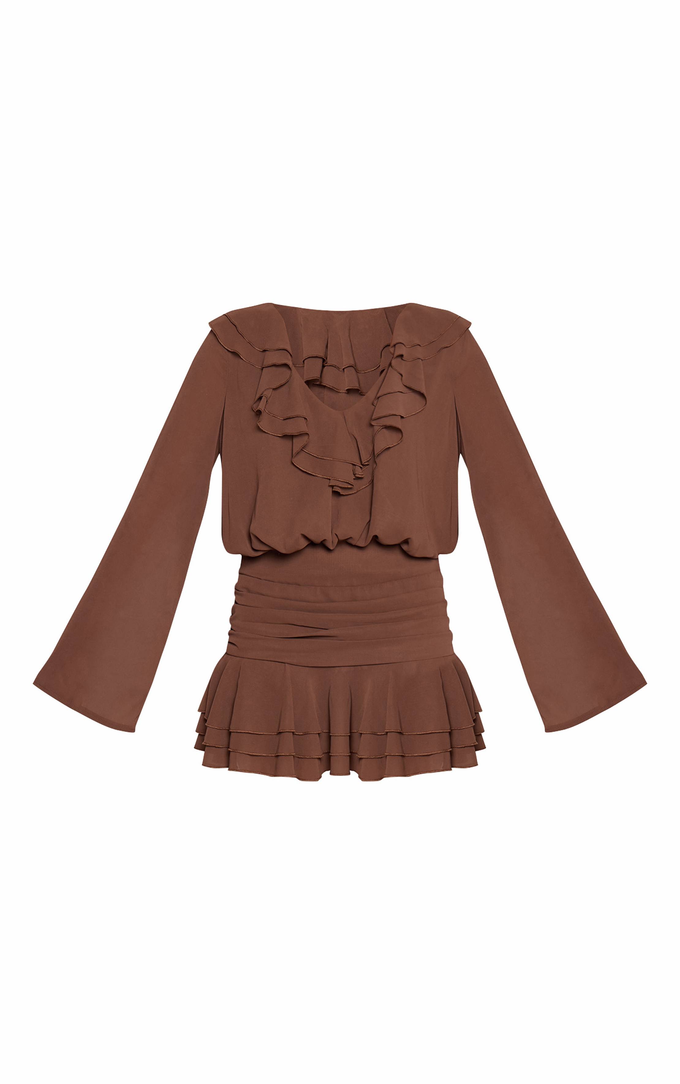 Chocolat Robe Mini En Mousseline À Manches Longues Et Volants