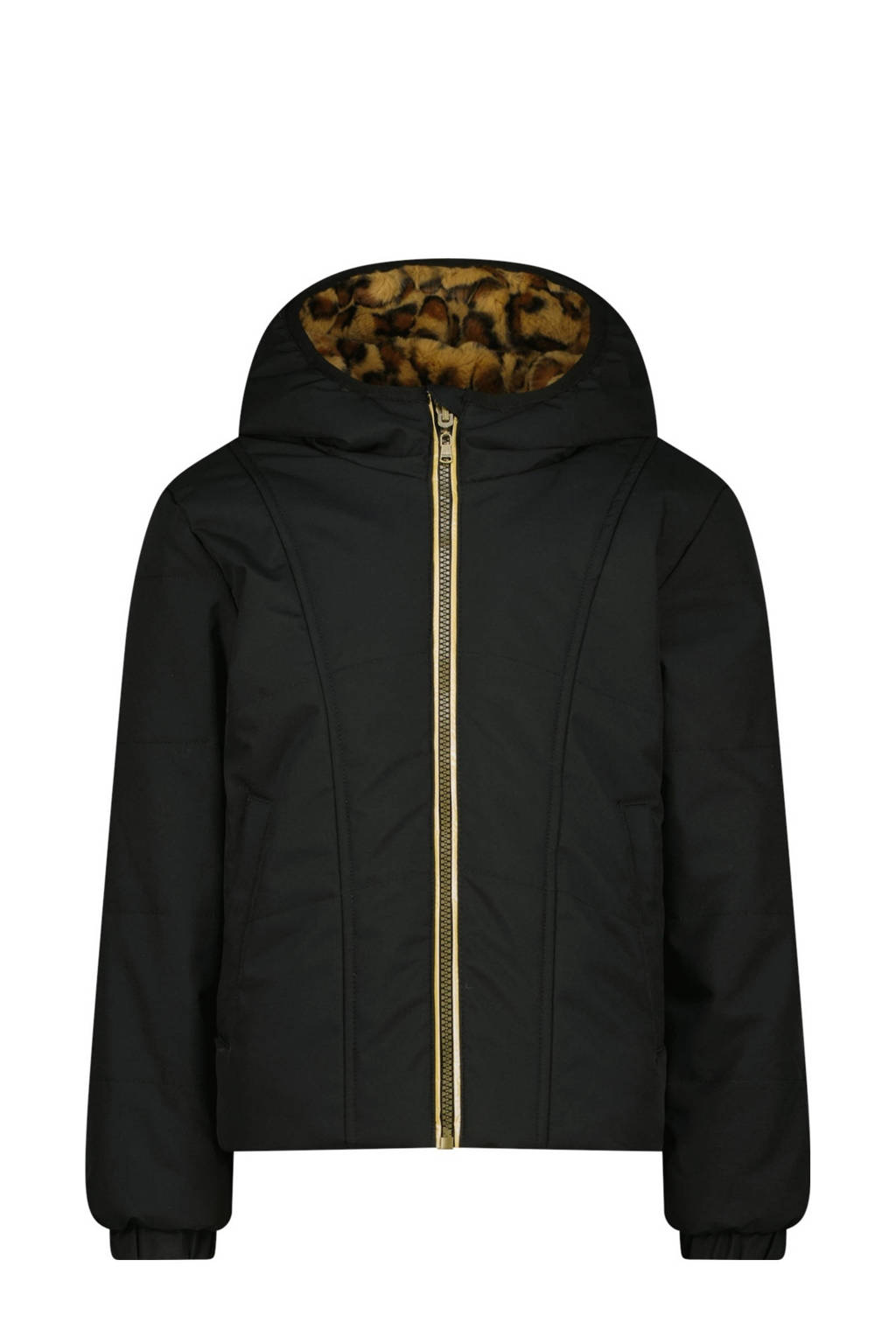 Vingino reversible gewatteerde imitatiebont winterjas Tabra met panterprint zwart/bruin
