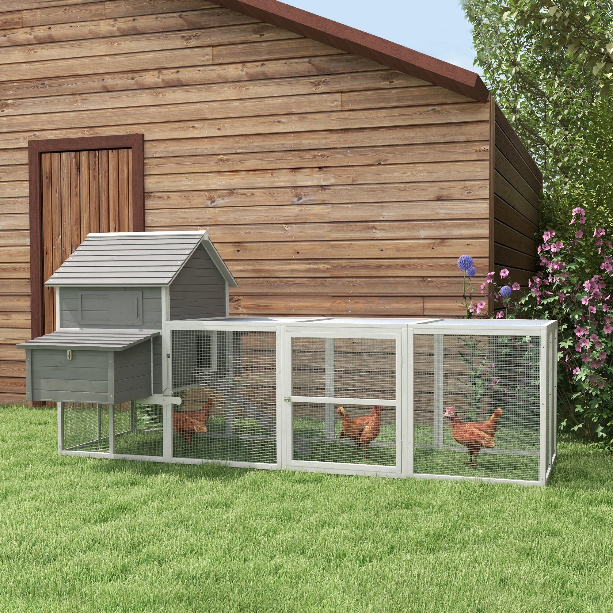 Galinheiro grande de madeira PawHut, 310,5 x 149,5 x 149 cm, para 4 a 6 galinhas, com 2 janelas, portas, ninho, bandeja removível e rampa para uso externo, cinza.