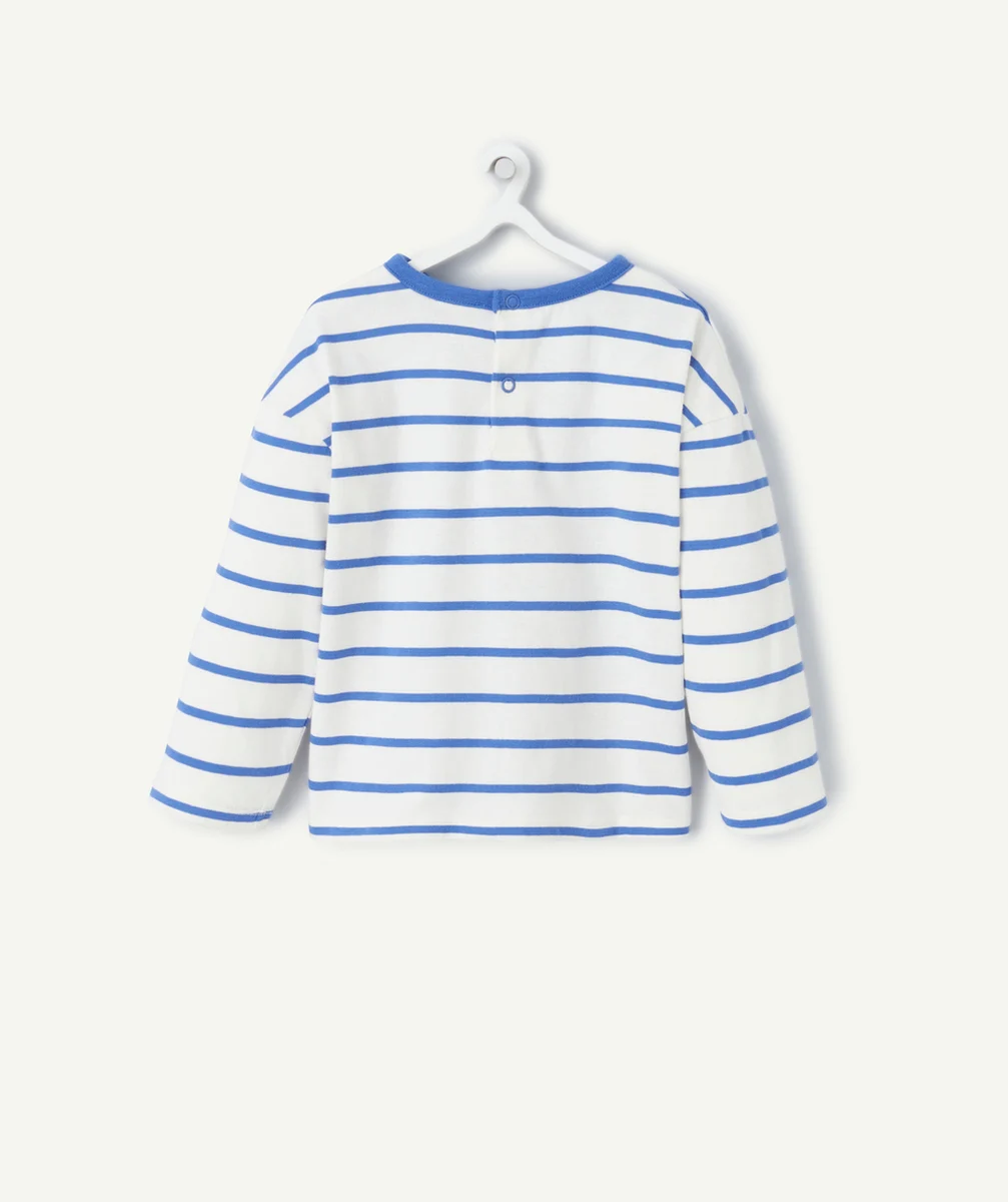 T-SHIRT MANCHES LONGUES BÉBÉ GARÇON EN COTON BIO BLANC À RAYURES BLEUES