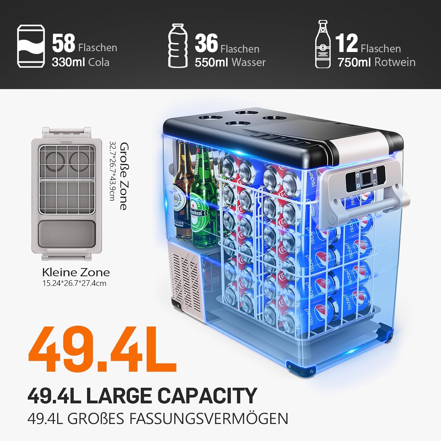 EUHOMY Kompressor Kühlbox 49.4L, Kühlbox Auto Kompressor mit 12/24V DC & 240V AC, tragbarer Kühlschrank Gefrierschrank Kühlschrank Kühler für Auto, RV, Camping, Reisen, Angeln, Outdoor oder Home Use.