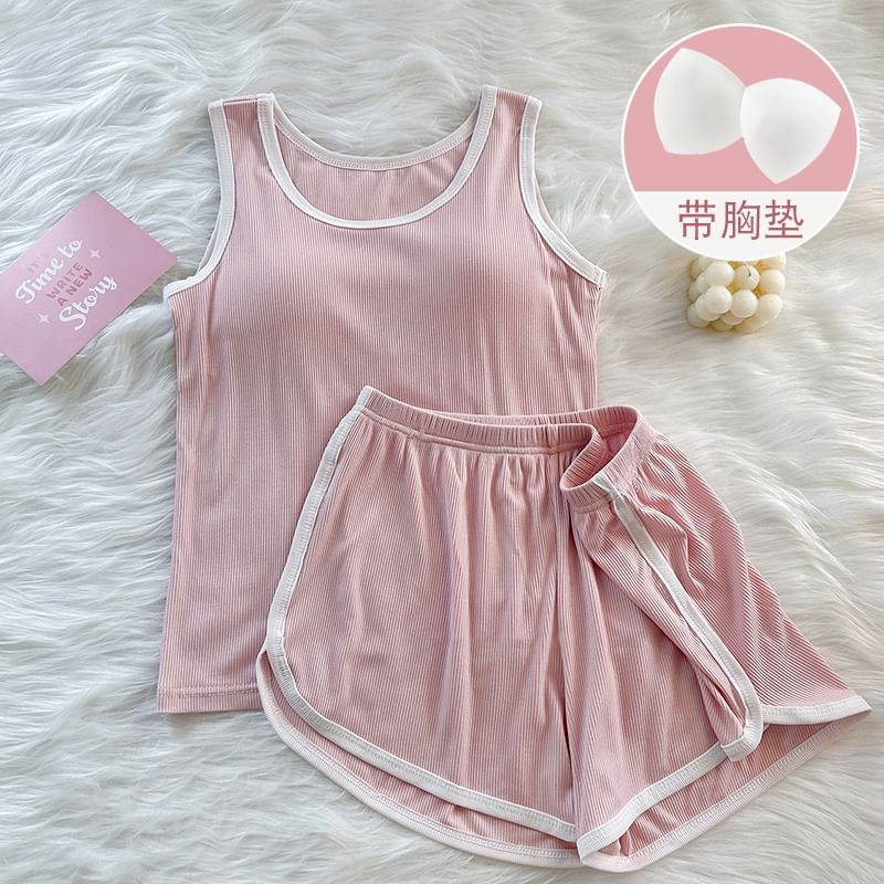 Siensien - Pyjamaset: tanktop met ronde hals, contrasterende rand en geribbelde vulling + shorts met elastische taille