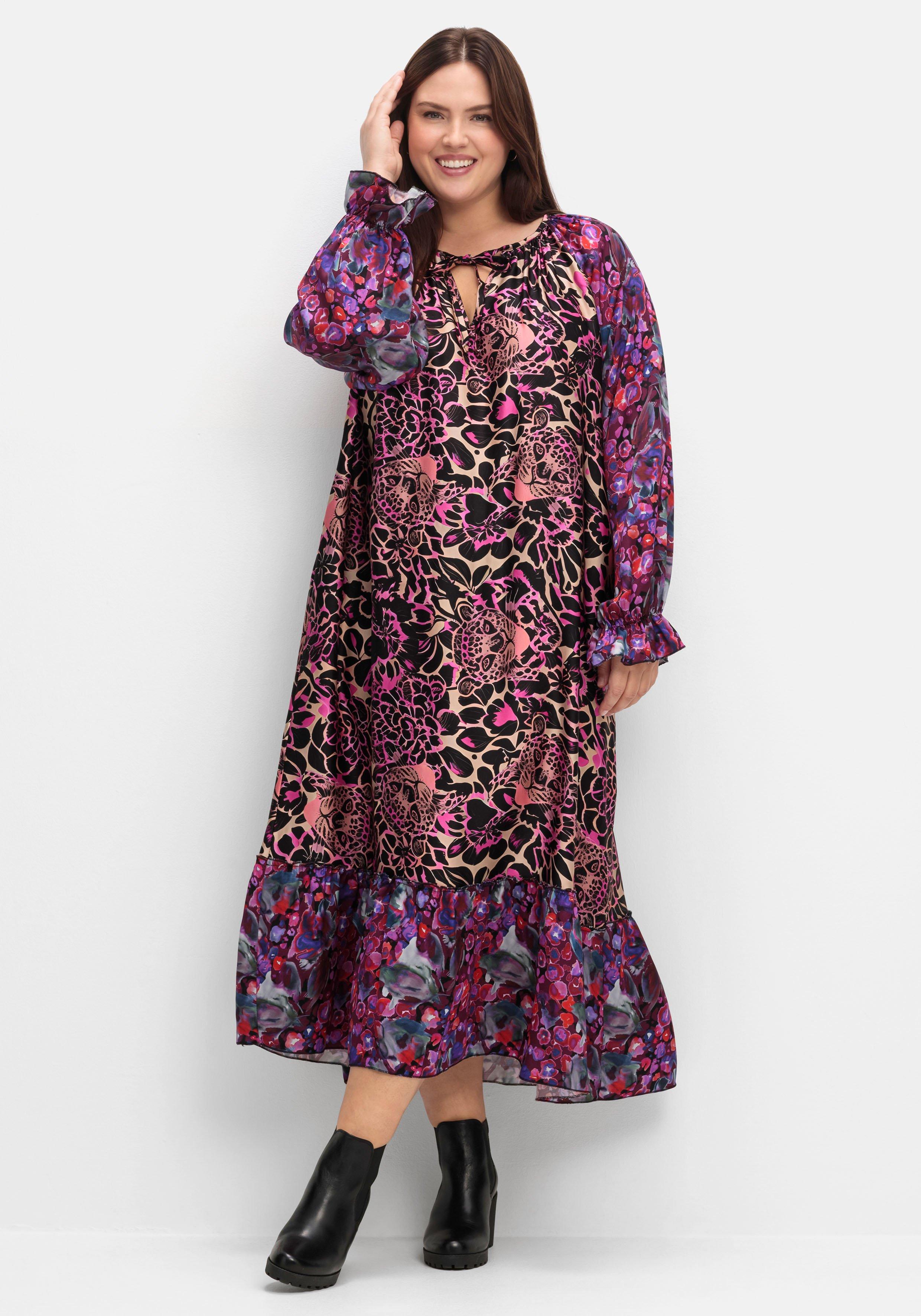 Maxikleid mit Alloverdruck und Volant am Saum
