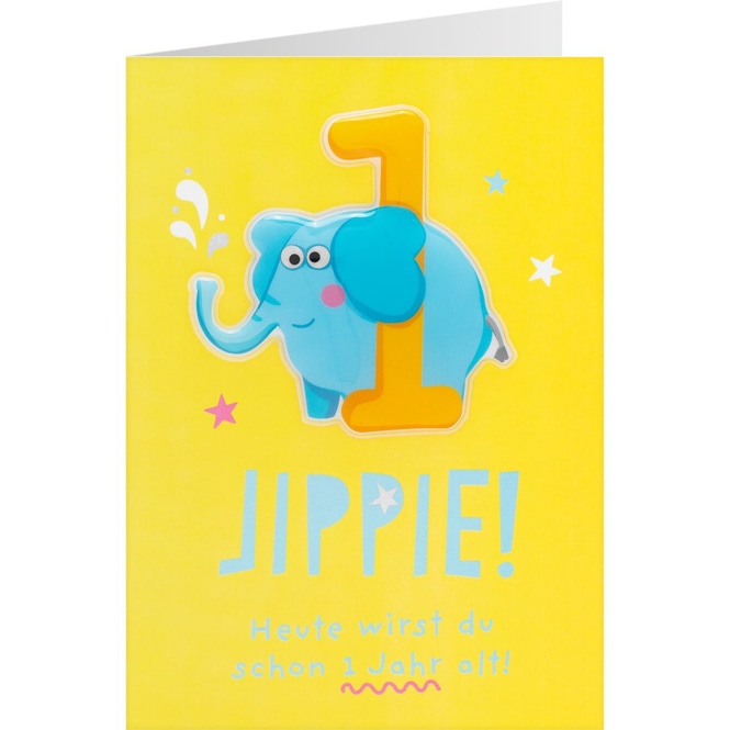 Geburtstagskarte - Jippie! - Heute wirst du schon 1 Jahr alt - Elefant