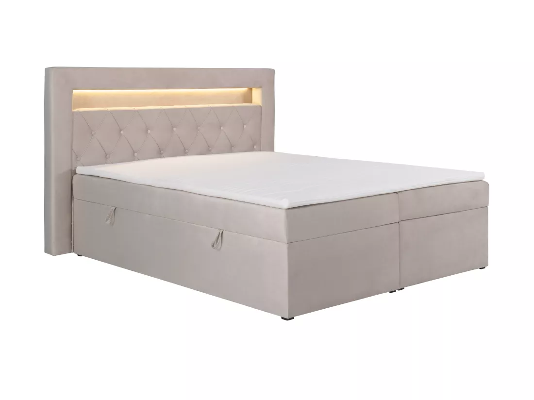 Ensemble complet literie déco tête de lit avec led + sommiers coffre + matelas + surmatelas - 180 x 200 cm - Velours - Beige - ORANA de YSMÉE