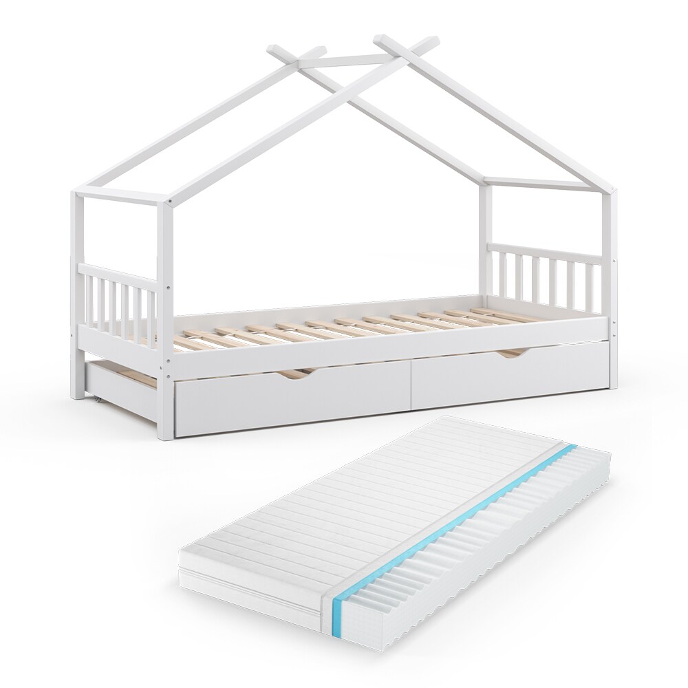 VITALISPA Kinderbett DESIGN Hausbett Gästebett Lattenrost weiß 90x200 Matratze