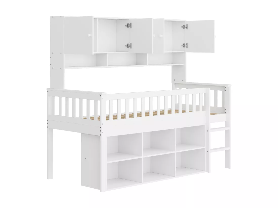 Lit mezzanine 90 x 200 cm avec 2 casiers de rangement et échelle - bois MDF - blanc