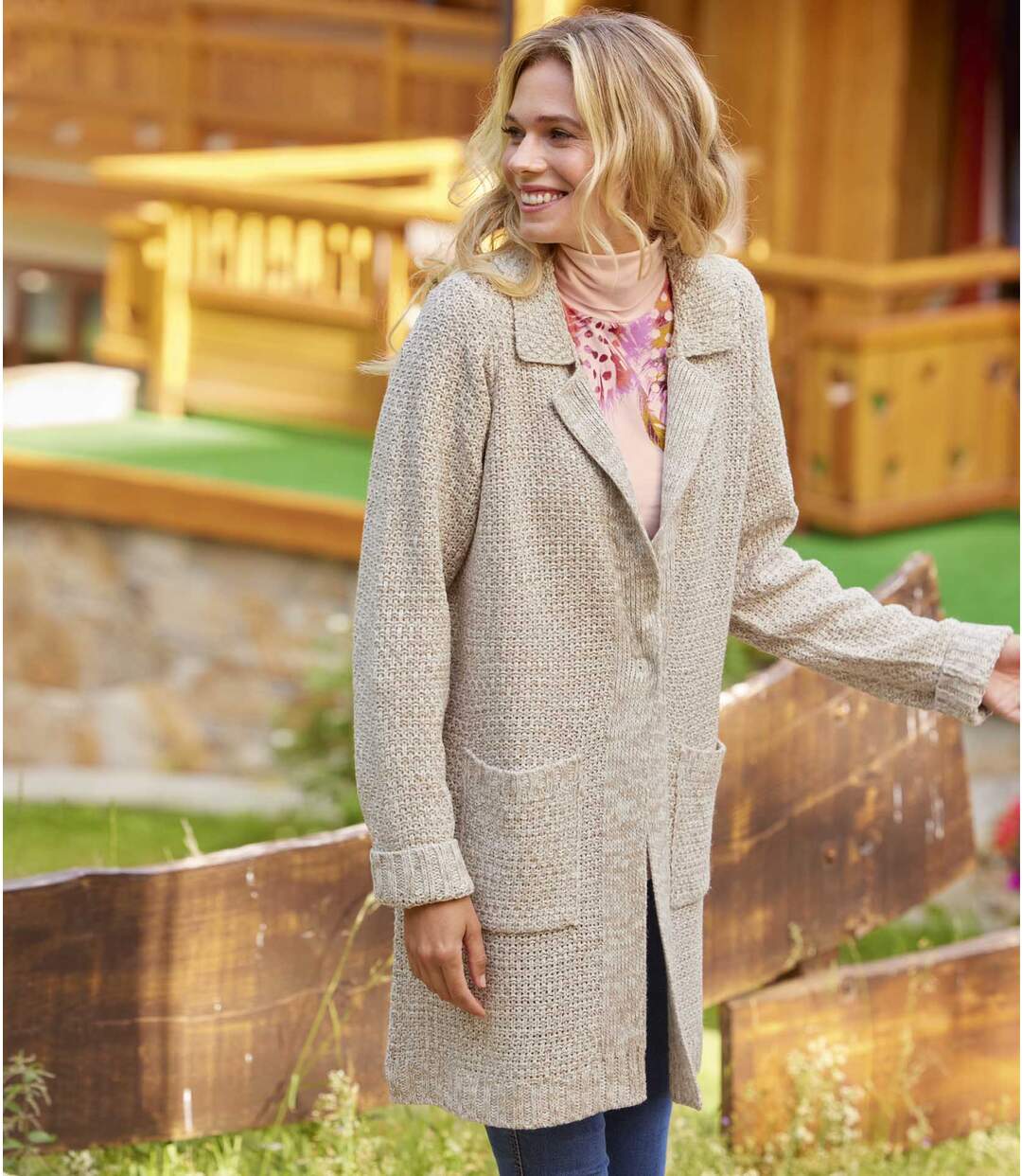 Manteau Tricot à Col en Fausse Fourrure Amovible